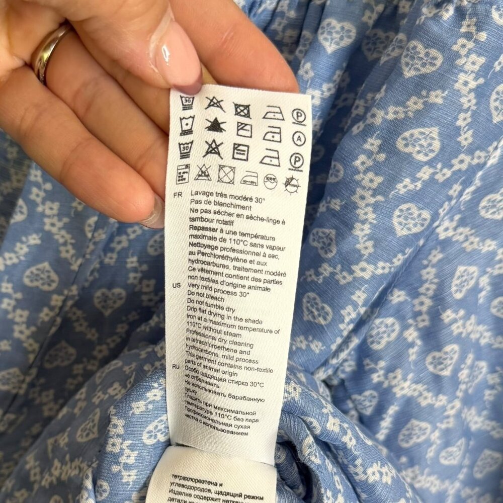 Sandro Million Linen Silk Tiered Belted Floral Crepe‎ Mini Shirt Dress Blue 6 - Picture 7 of 8